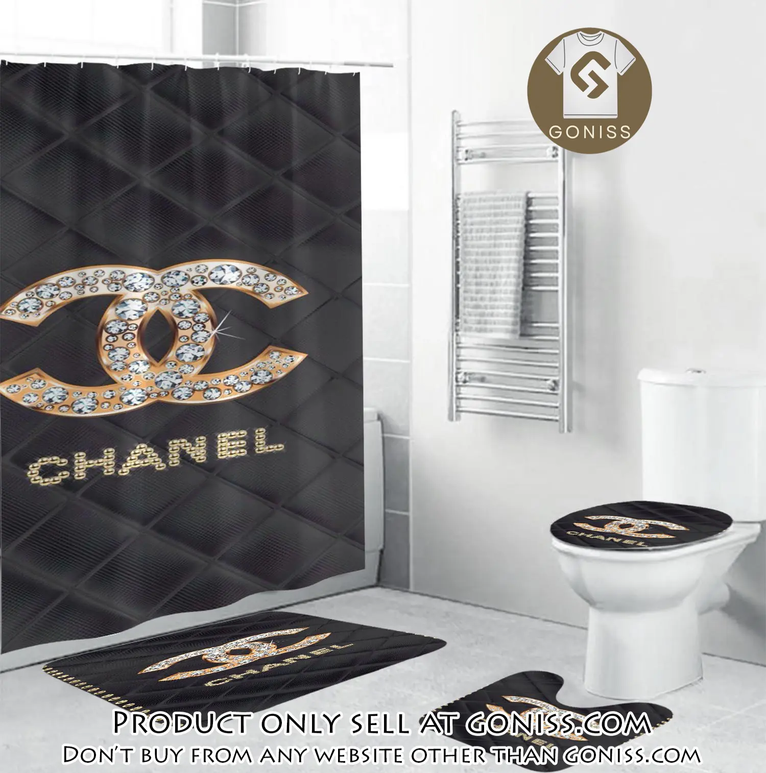 Coco chanel golden logo with full of diamonds in argyle background bathroom set shower curtain gn5258353